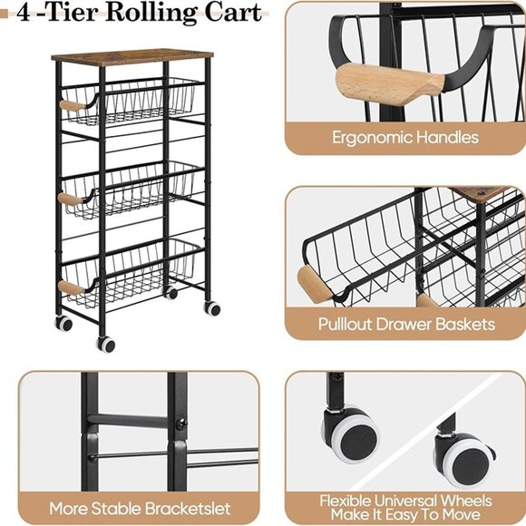 NEW 4-Tier Rolling Storage Cart, Rolling Kitchen Cart, Narrow Utility Cart. - Picture 7 of 8